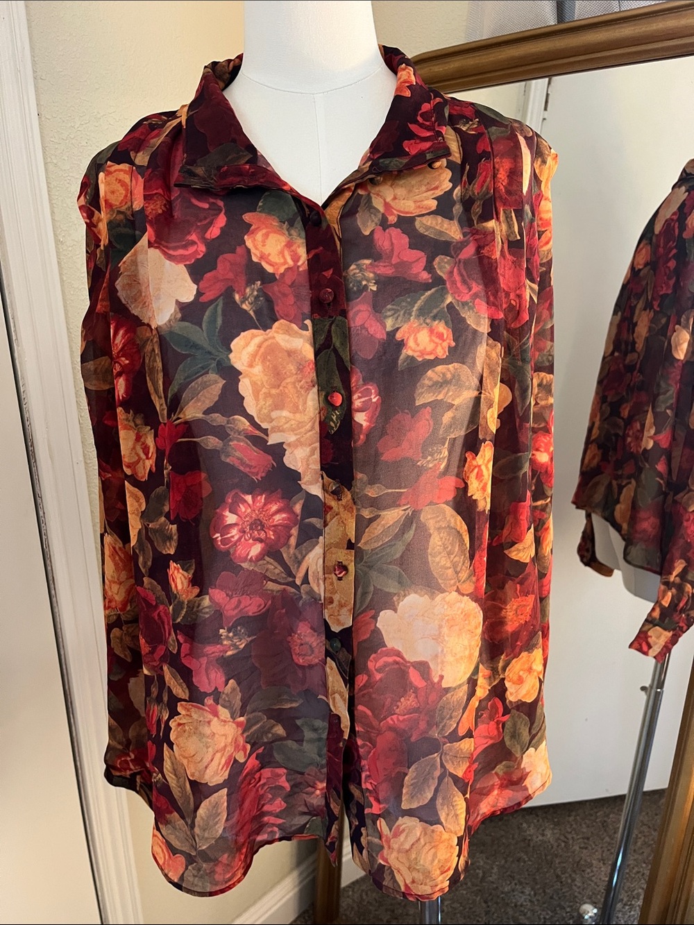 Vici Sheer Floral Button-Down Blouse in Burgundy, Gold and Green